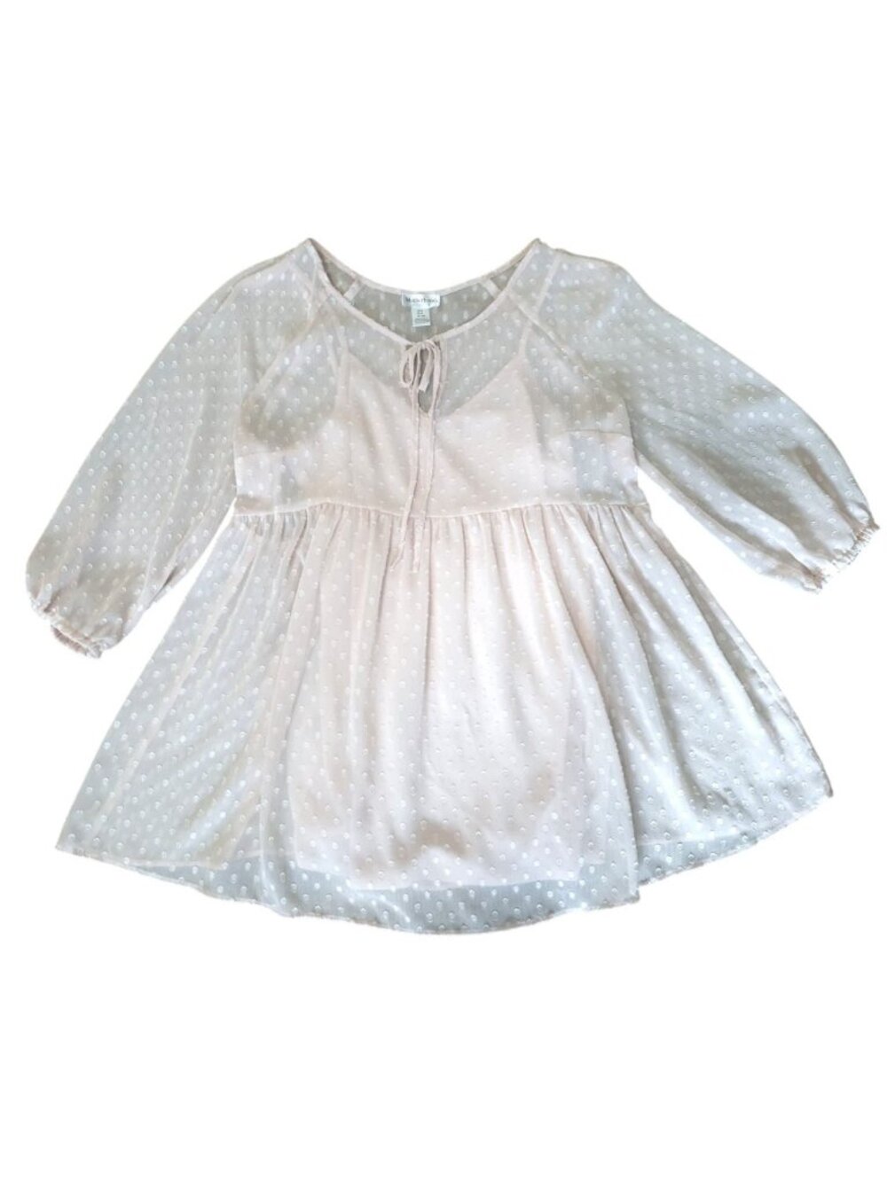 Motherhood Maternity Pink Swiss Dot Dress 3/4 Sleeve Tie Neck Empire waist Size